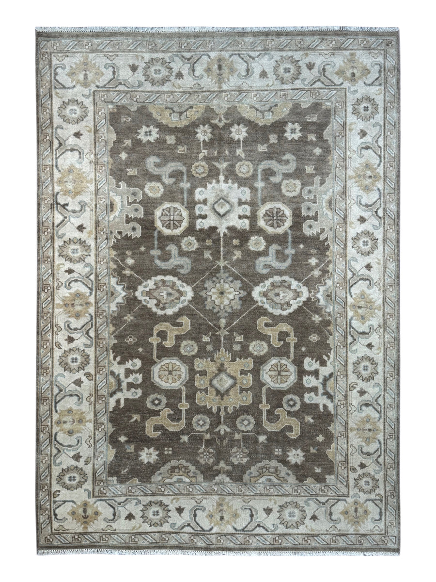 Ashbourne - Chocolate Brown, Ivory & Soft Blue Oushak Rug – 6’2” x 8’11”