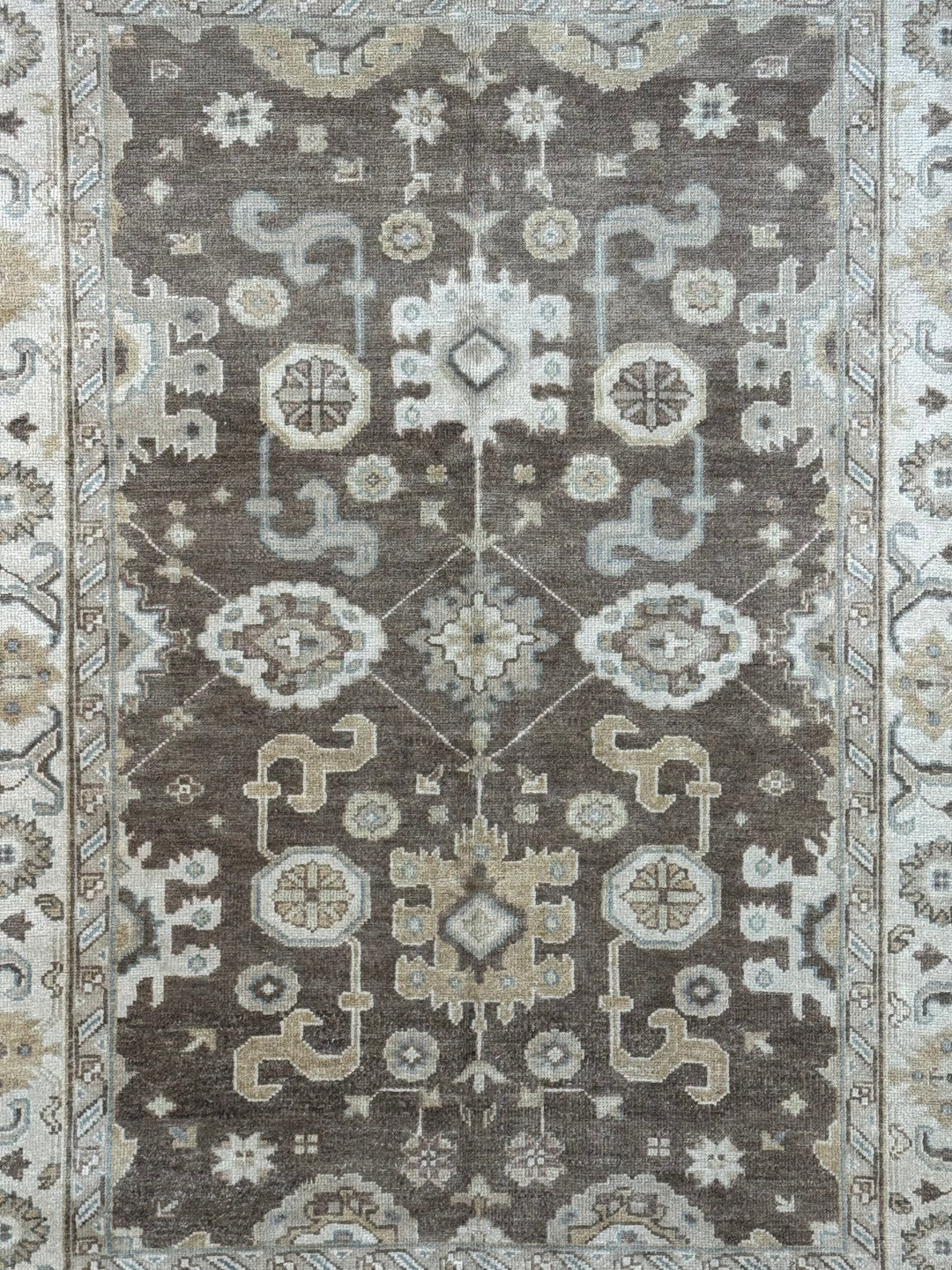Ashbourne - Chocolate Brown, Ivory &amp; Soft Blue Oushak Rug – 6’2” x 8’11”