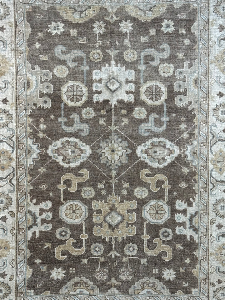Ashbourne - Chocolate Brown, Ivory &amp; Soft Blue Oushak Rug – 6’2” x 8’11”