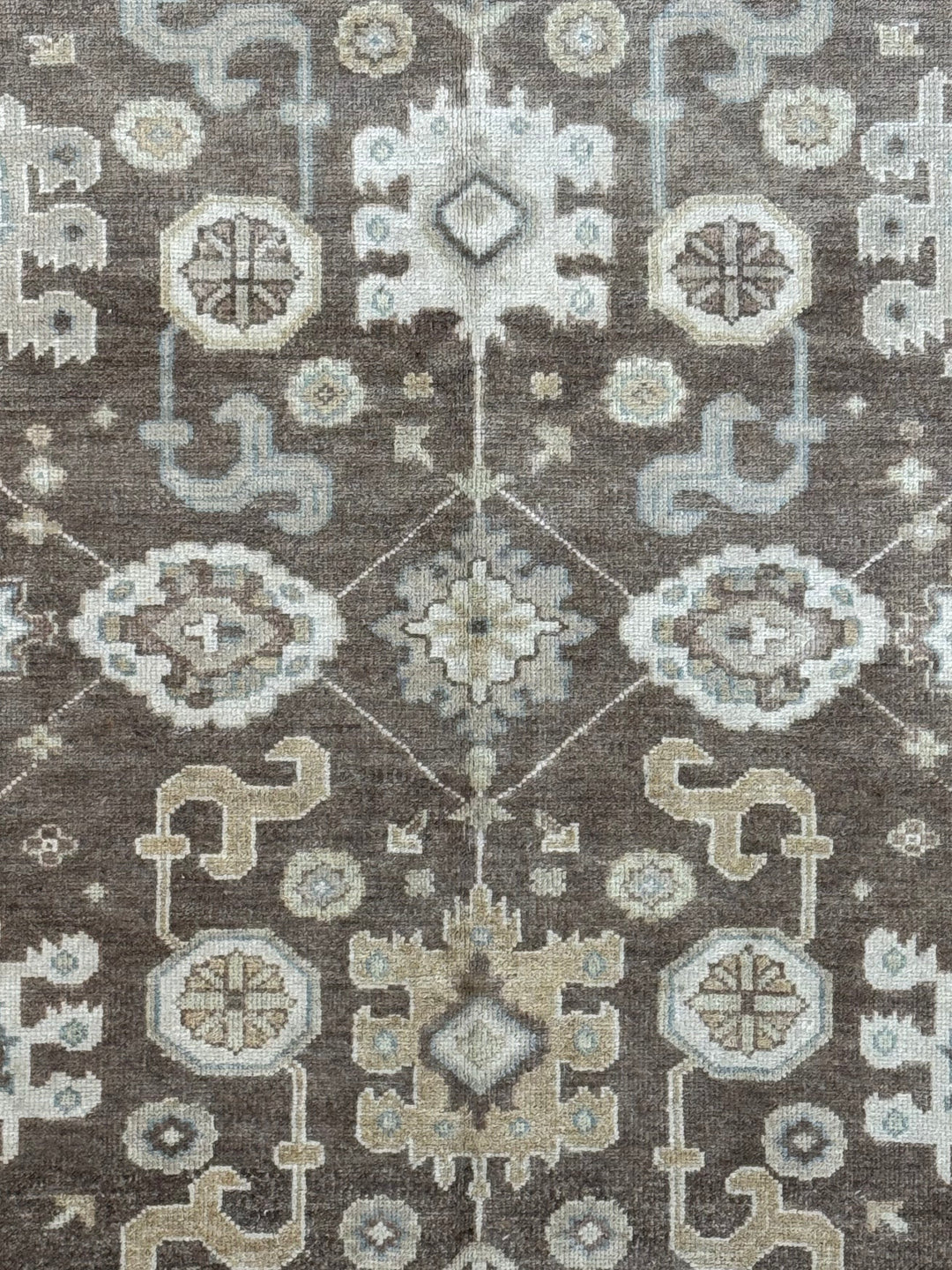 Ashbourne - Chocolate Brown, Ivory &amp; Soft Blue Oushak Rug – 6’2” x 8’11”