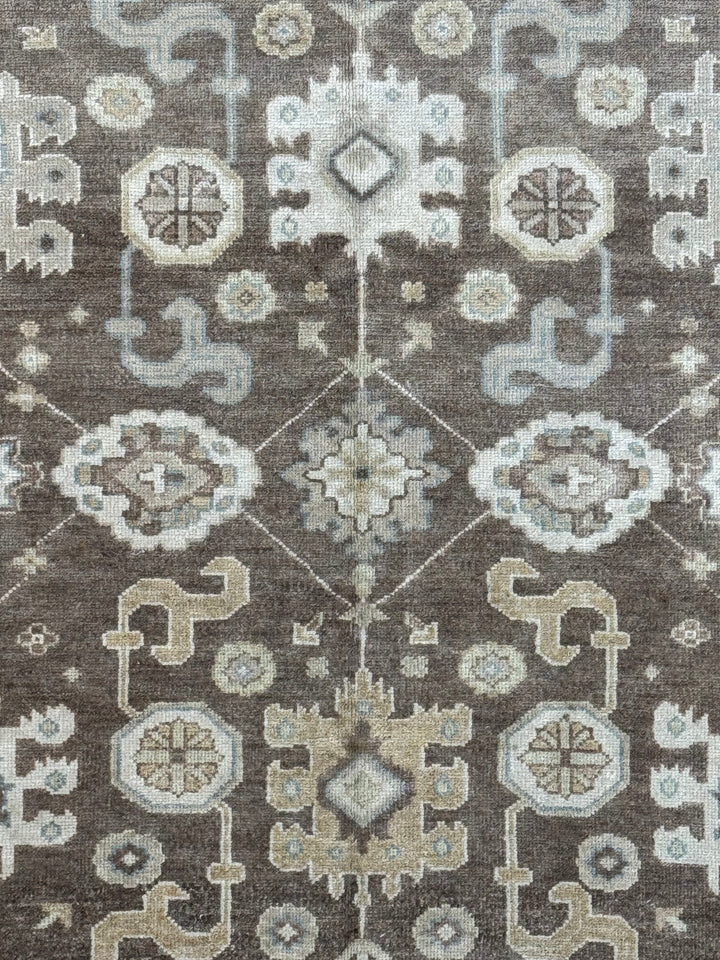 Ashbourne - Chocolate Brown, Ivory &amp; Soft Blue Oushak Rug – 6’2” x 8’11”