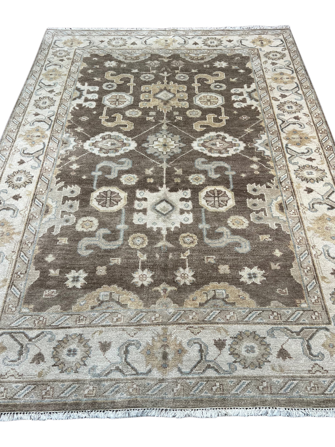Ashbourne - Chocolate Brown, Ivory &amp; Soft Blue Oushak Rug – 6’2” x 8’11”