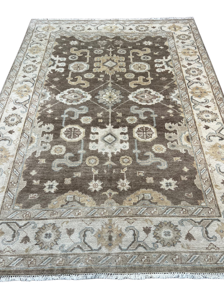 Ashbourne - Chocolate Brown, Ivory &amp; Soft Blue Oushak Rug – 6’2” x 8’11”
