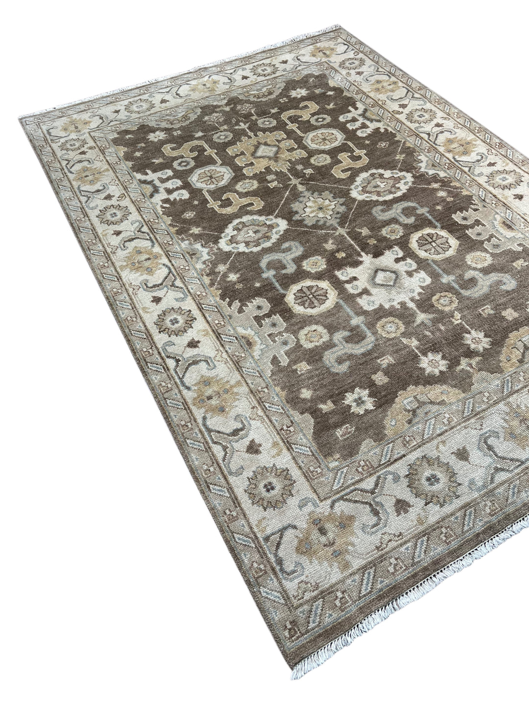 Ashbourne - Chocolate Brown, Ivory &amp; Soft Blue Oushak Rug – 6’2” x 8’11”