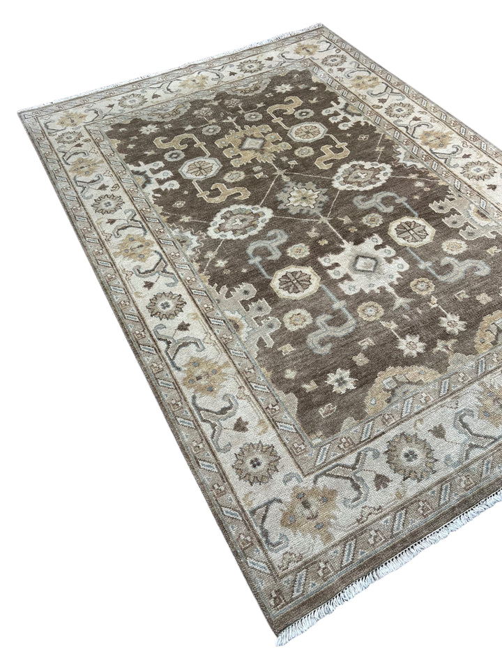 Ashbourne - Chocolate Brown, Ivory &amp; Soft Blue Oushak Rug – 6’2” x 8’11”