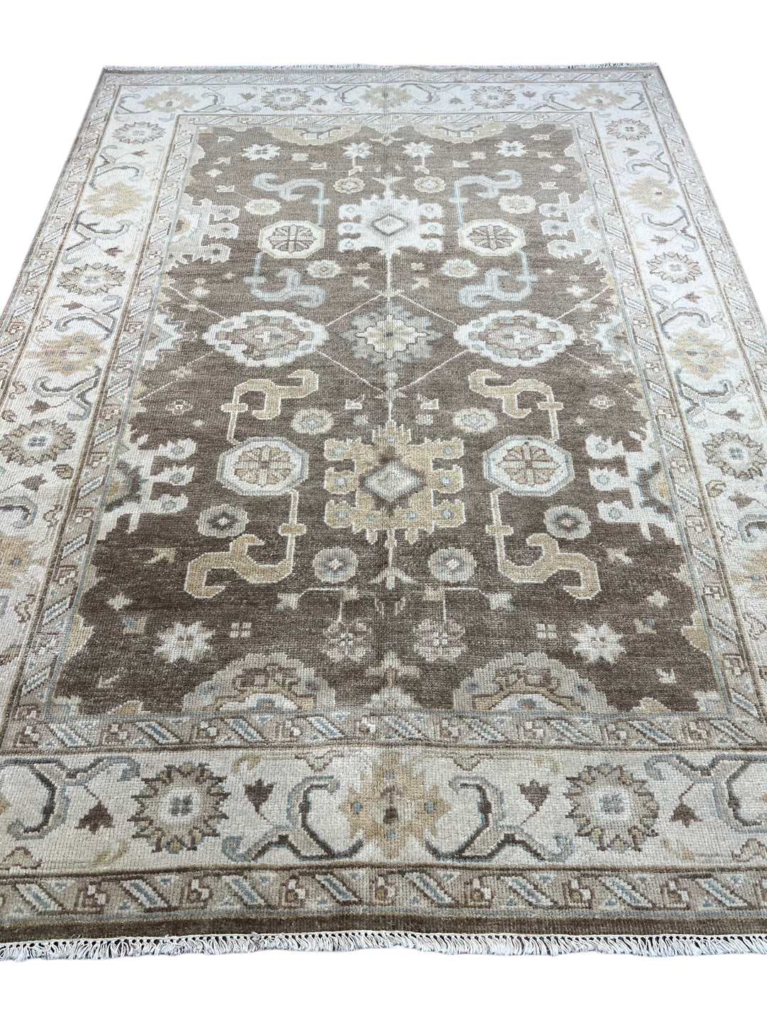 Ashbourne - Chocolate Brown, Ivory &amp; Soft Blue Oushak Rug – 6’2” x 8’11”