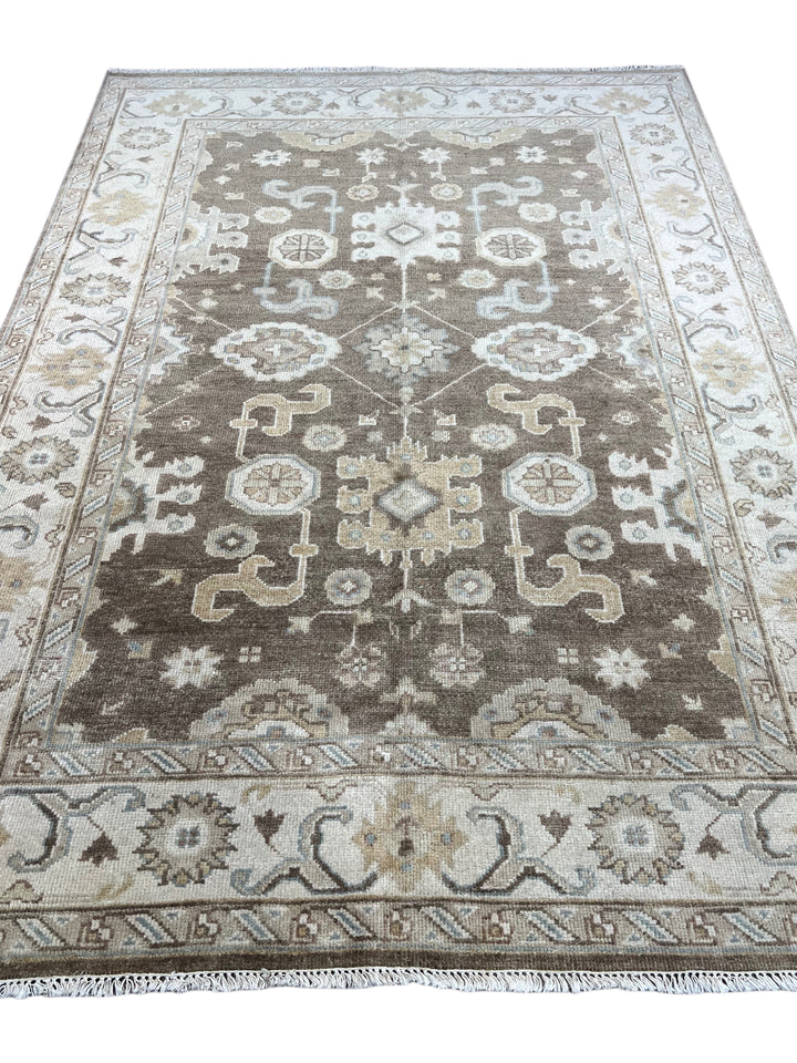 Ashbourne - Chocolate Brown, Ivory &amp; Soft Blue Oushak Rug – 6’2” x 8’11”