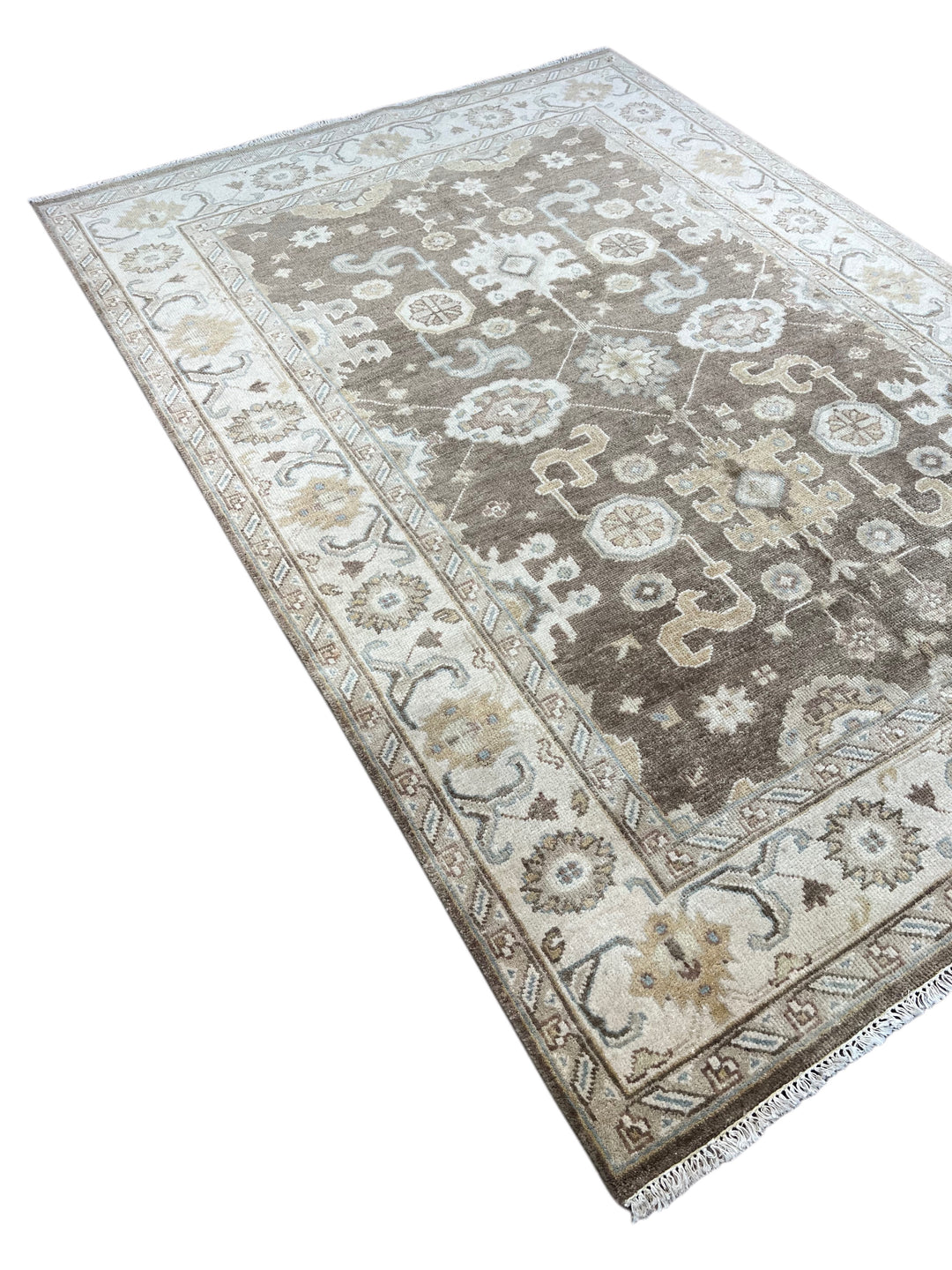 Ashbourne - Chocolate Brown, Ivory &amp; Soft Blue Oushak Rug – 6’2” x 8’11”