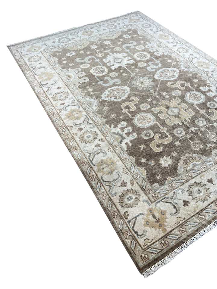 Ashbourne - Chocolate Brown, Ivory &amp; Soft Blue Oushak Rug – 6’2” x 8’11”