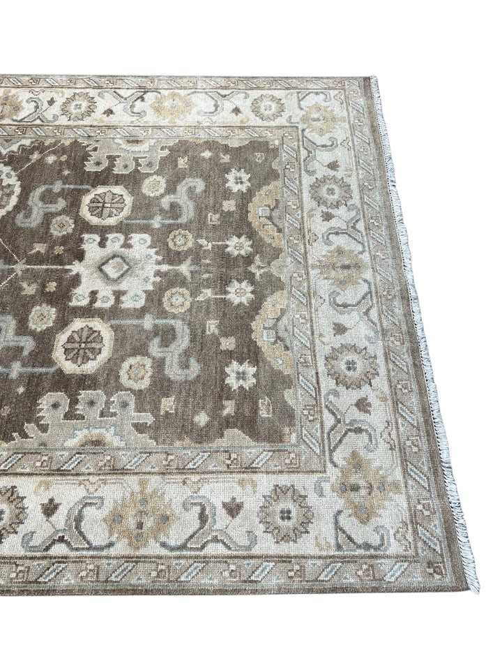 Ashbourne - Chocolate Brown, Ivory &amp; Soft Blue Oushak Rug – 6’2” x 8’11”