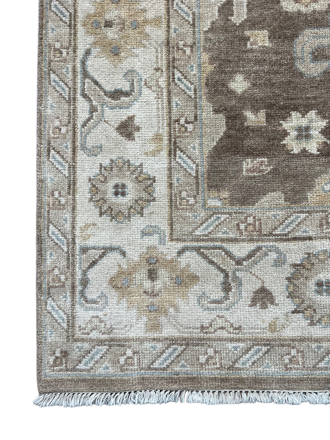 Ashbourne - Chocolate Brown, Ivory &amp; Soft Blue Oushak Rug – 6’2” x 8’11”