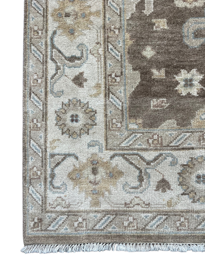 Ashbourne - Chocolate Brown, Ivory &amp; Soft Blue Oushak Rug – 6’2” x 8’11”