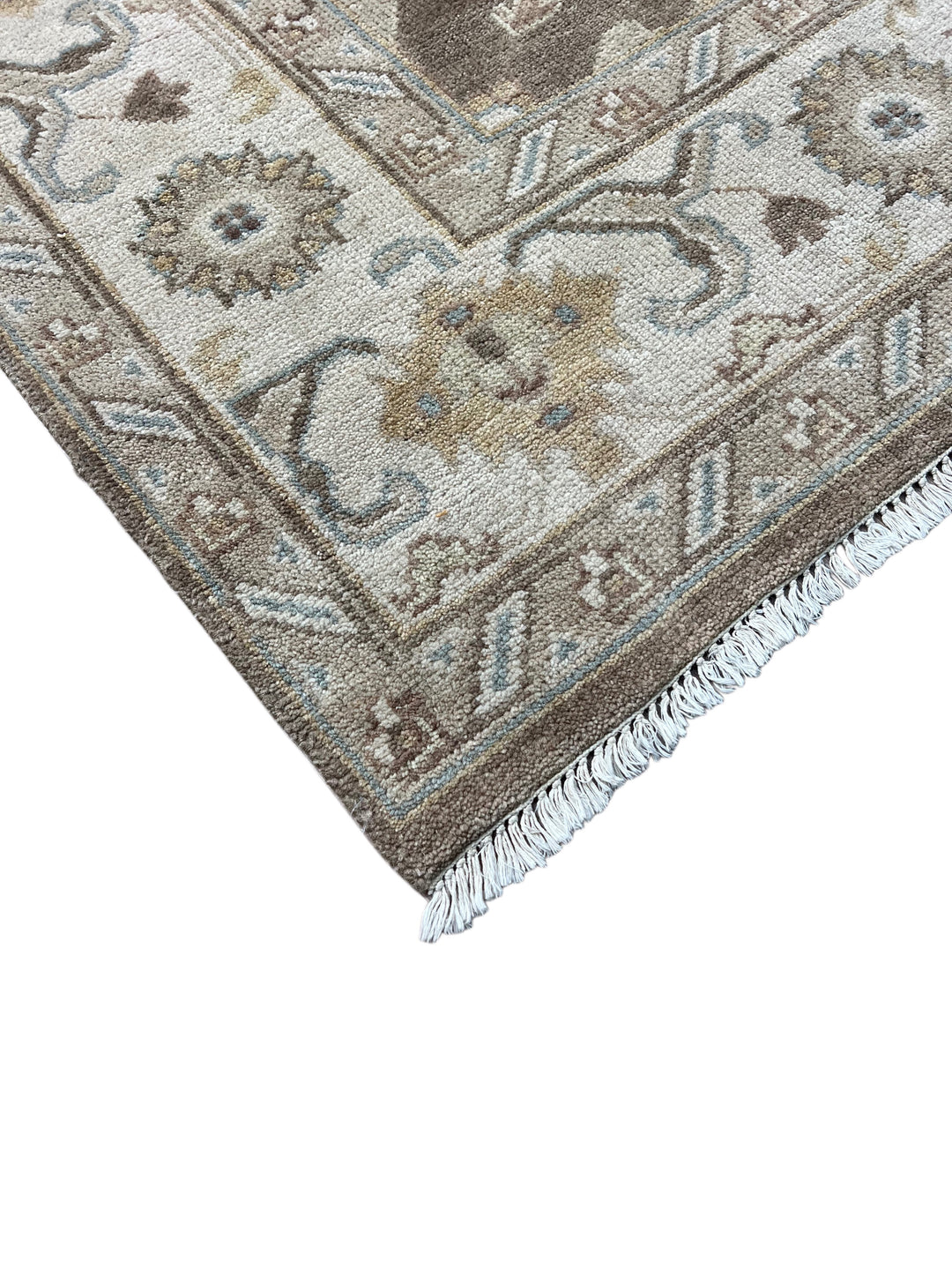 Ashbourne - Chocolate Brown, Ivory &amp; Soft Blue Oushak Rug – 6’2” x 8’11”