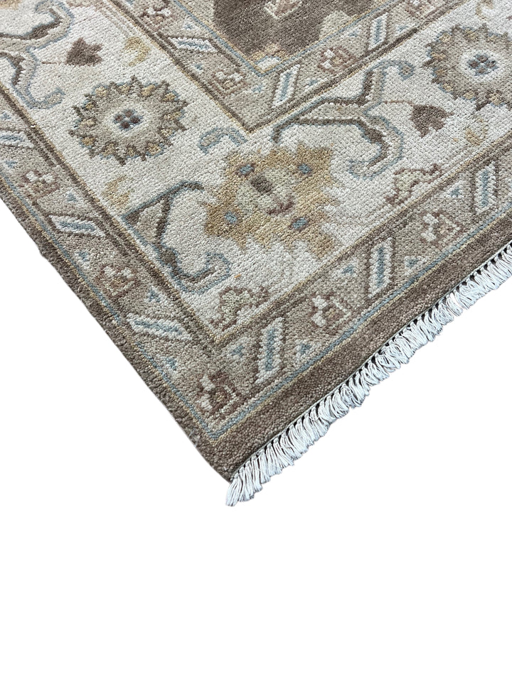 Ashbourne - Chocolate Brown, Ivory &amp; Soft Blue Oushak Rug – 6’2” x 8’11”