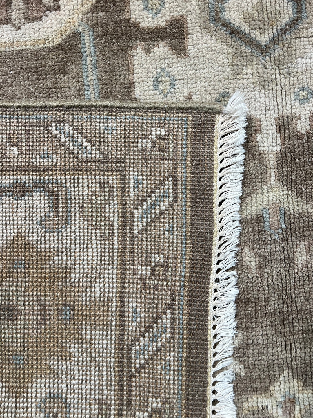 Ashbourne - Chocolate Brown, Ivory &amp; Soft Blue Oushak Rug – 6’2” x 8’11”