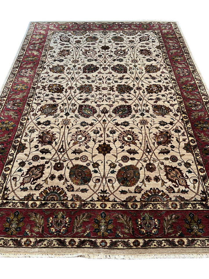 Burgundy Royal Garden – Ivory &amp; Burgundy Traditional Floral Rug – 6’0” x 8’8”