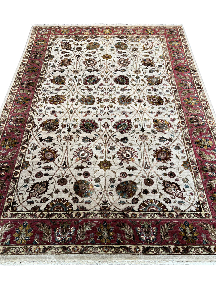 Burgundy Royal Garden – Ivory &amp; Burgundy Traditional Floral Rug – 6’0” x 8’8”