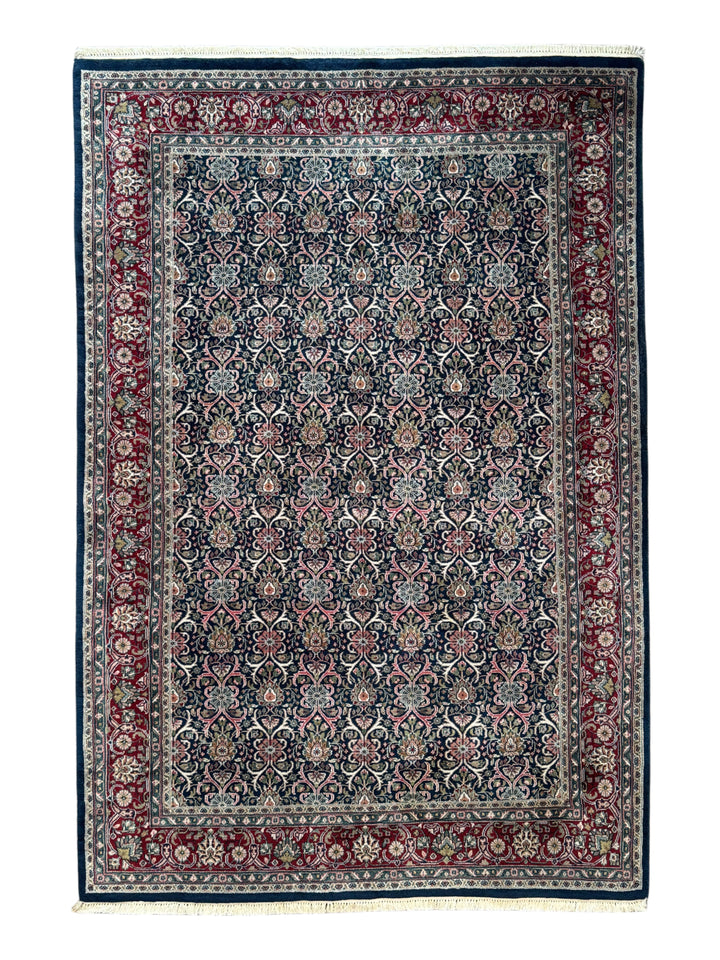 Midnight Royal Garden – Navy Blue &amp; Ruby Red Traditional Floral Rug – 6’1” x 8’10”