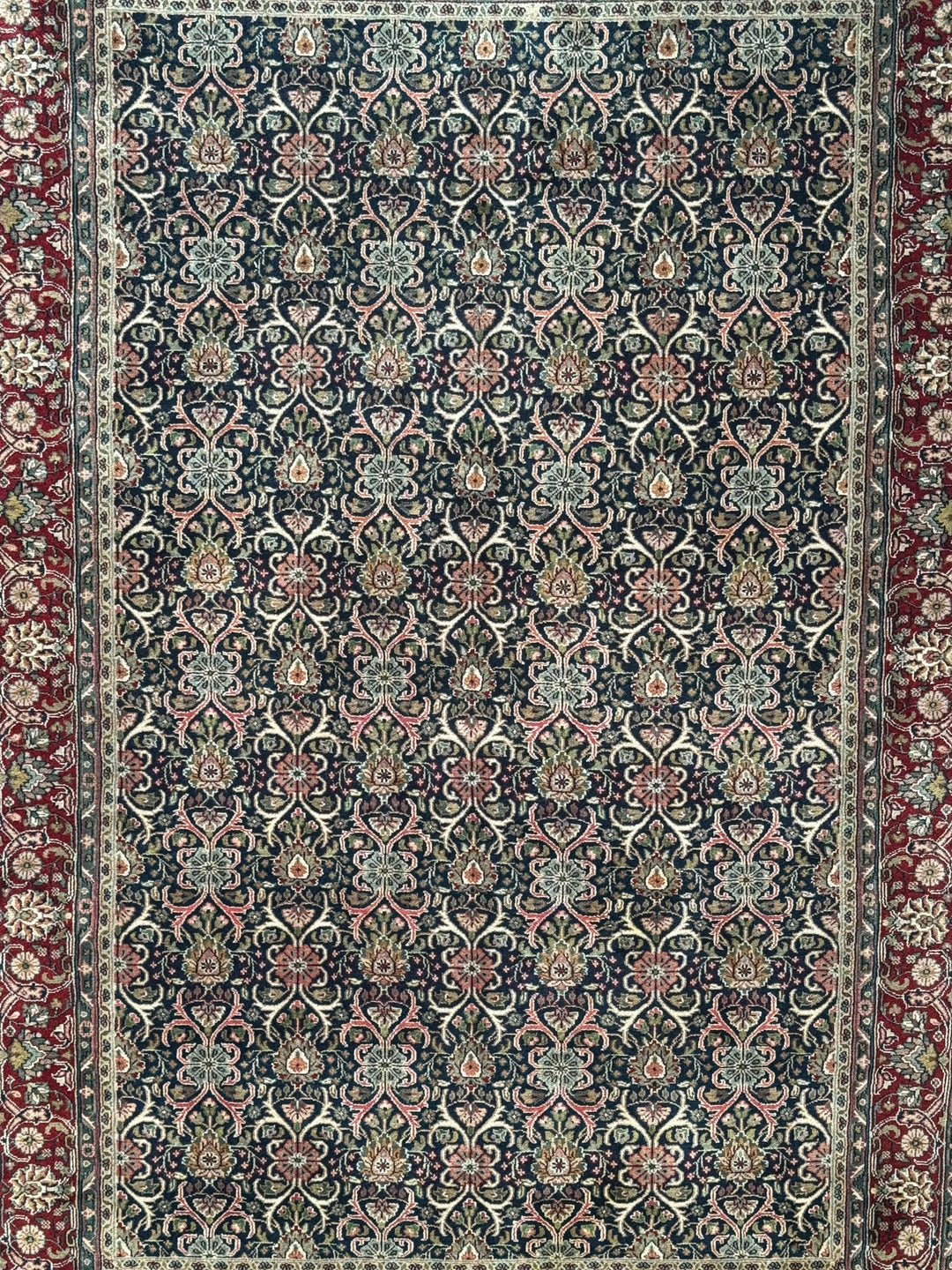 Midnight Royal Garden – Navy Blue &amp; Ruby Red Traditional Floral Rug – 6’1” x 8’10”