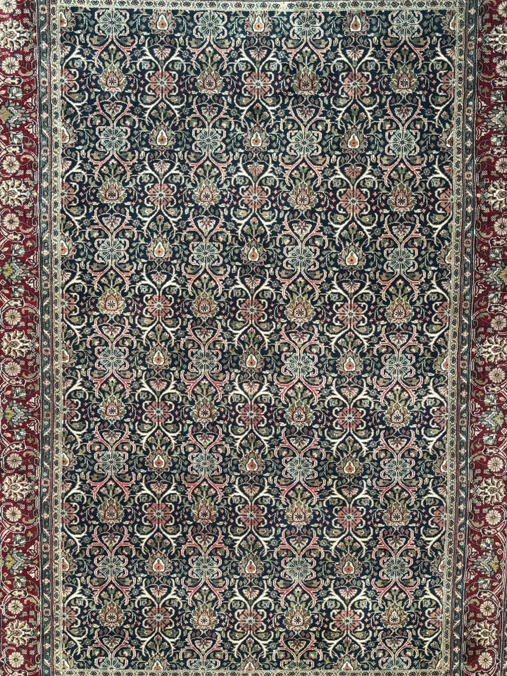 Midnight Royal Garden – Navy Blue &amp; Ruby Red Traditional Floral Rug – 6’1” x 8’10”