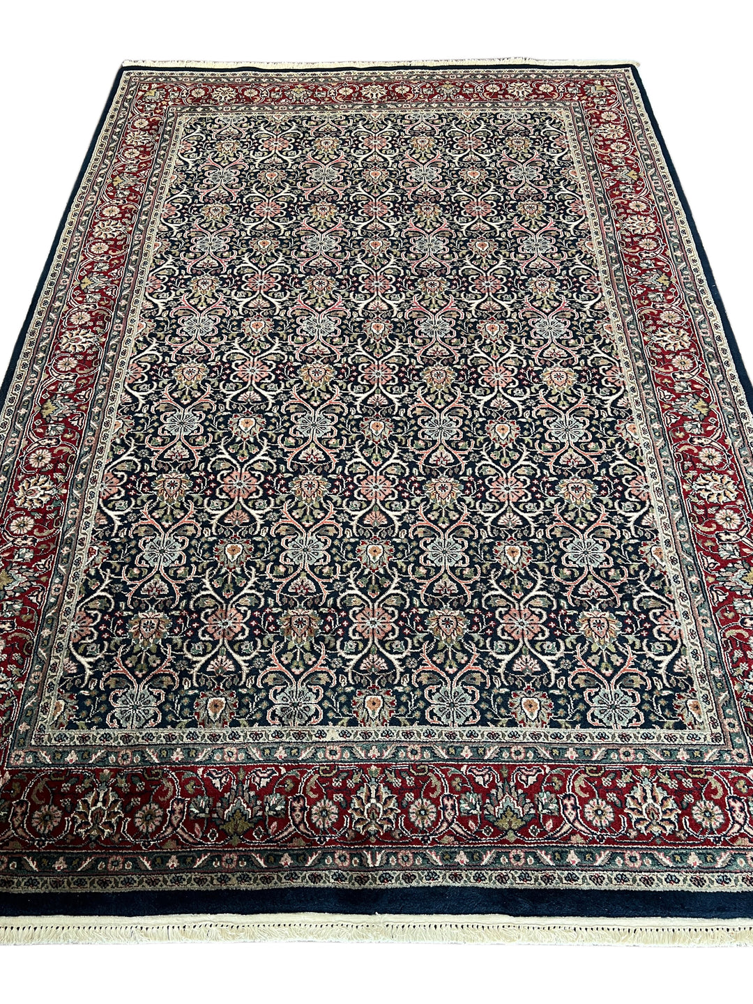 Midnight Royal Garden – Navy Blue &amp; Ruby Red Traditional Floral Rug – 6’1” x 8’10”