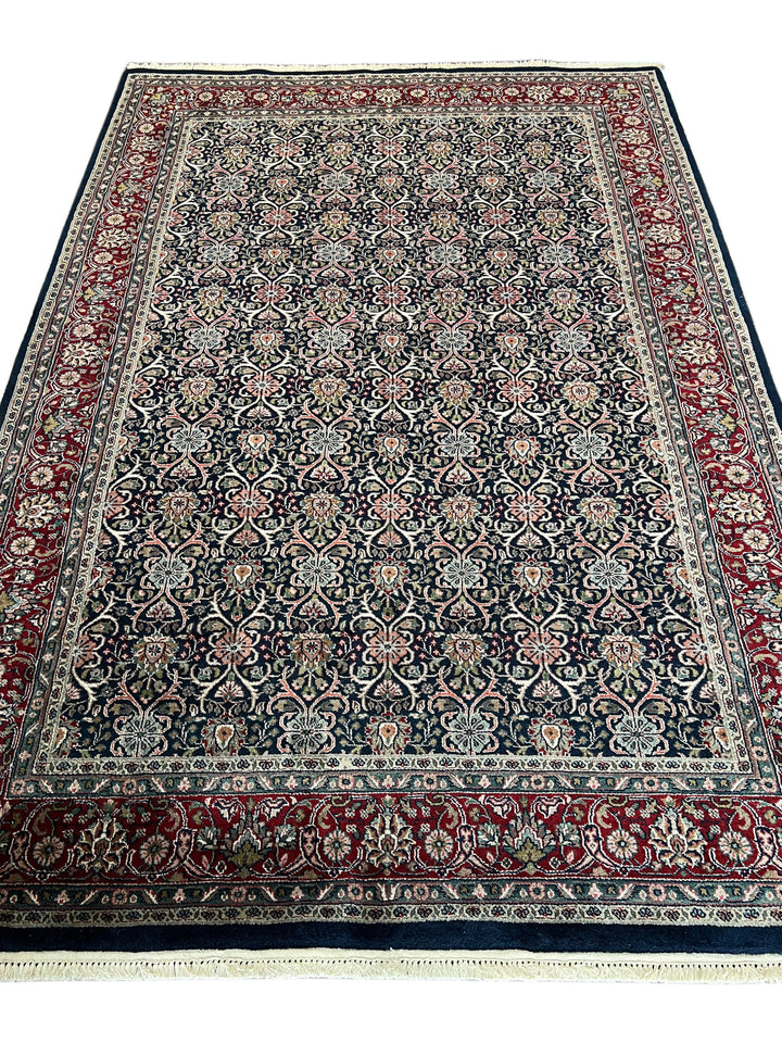 Midnight Royal Garden – Navy Blue &amp; Ruby Red Traditional Floral Rug – 6’1” x 8’10”