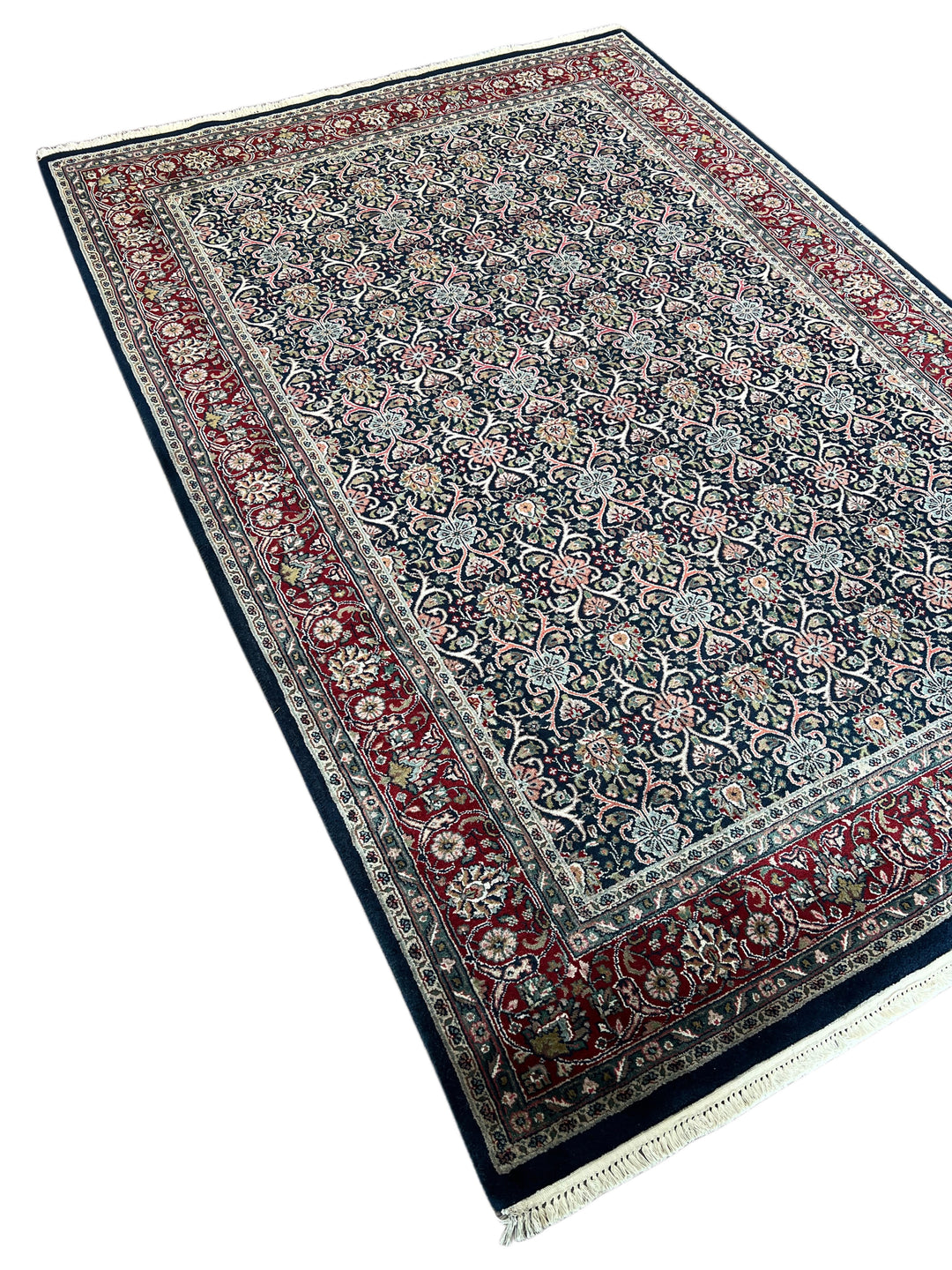 Midnight Royal Garden – Navy Blue &amp; Ruby Red Traditional Floral Rug – 6’1” x 8’10”
