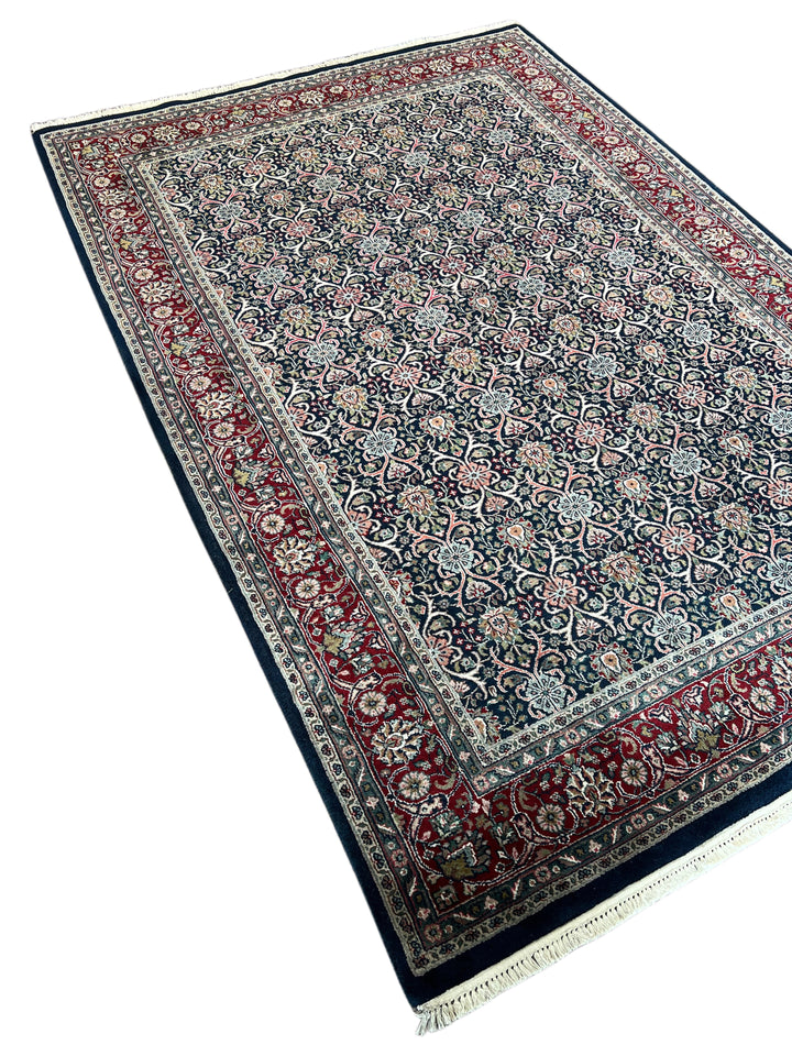 Midnight Royal Garden – Navy Blue &amp; Ruby Red Traditional Floral Rug – 6’1” x 8’10”