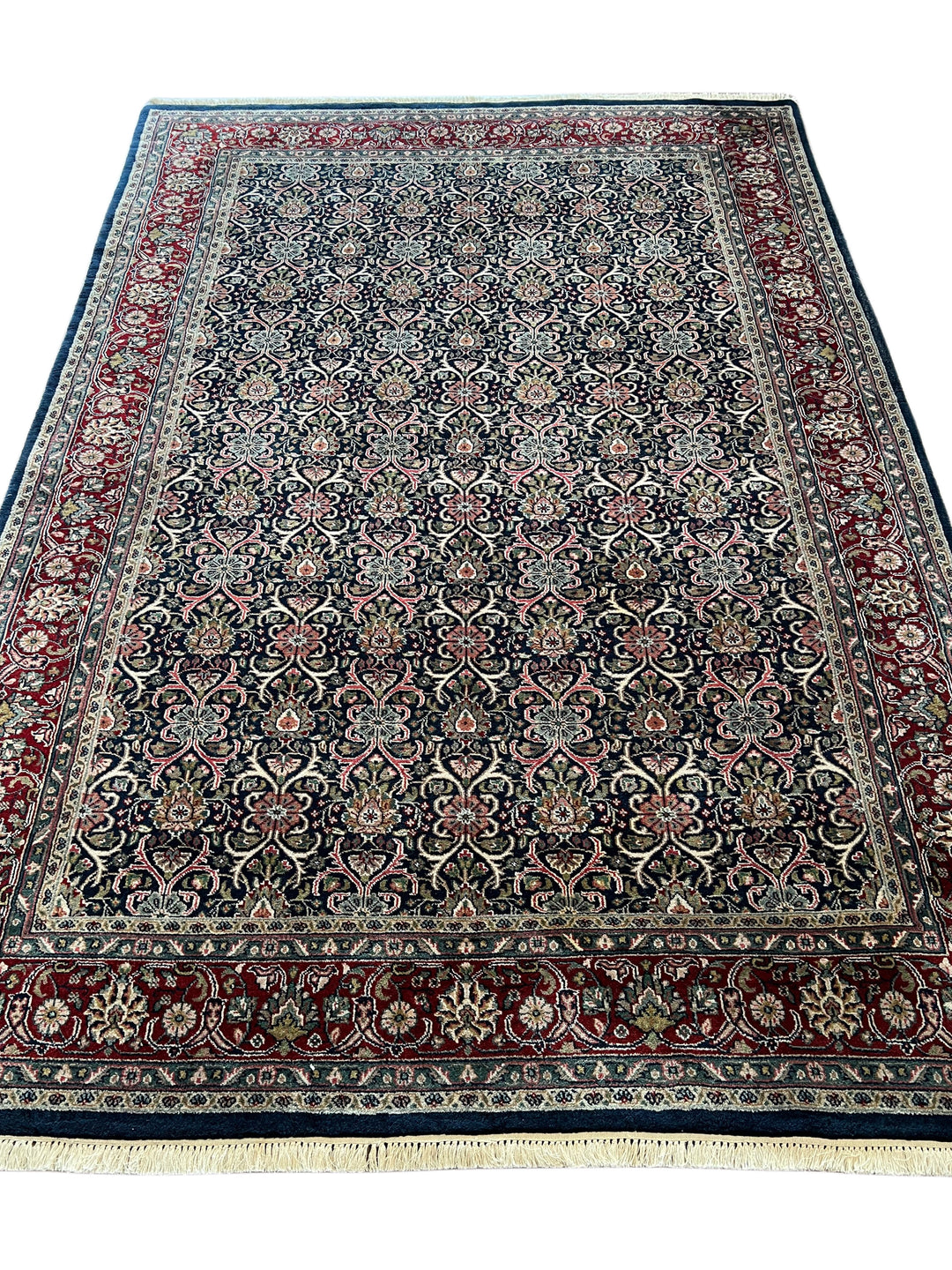 Midnight Royal Garden – Navy Blue &amp; Ruby Red Traditional Floral Rug – 6’1” x 8’10”