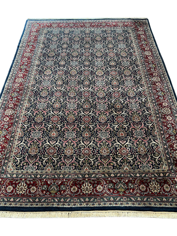 Midnight Royal Garden – Navy Blue &amp; Ruby Red Traditional Floral Rug – 6’1” x 8’10”