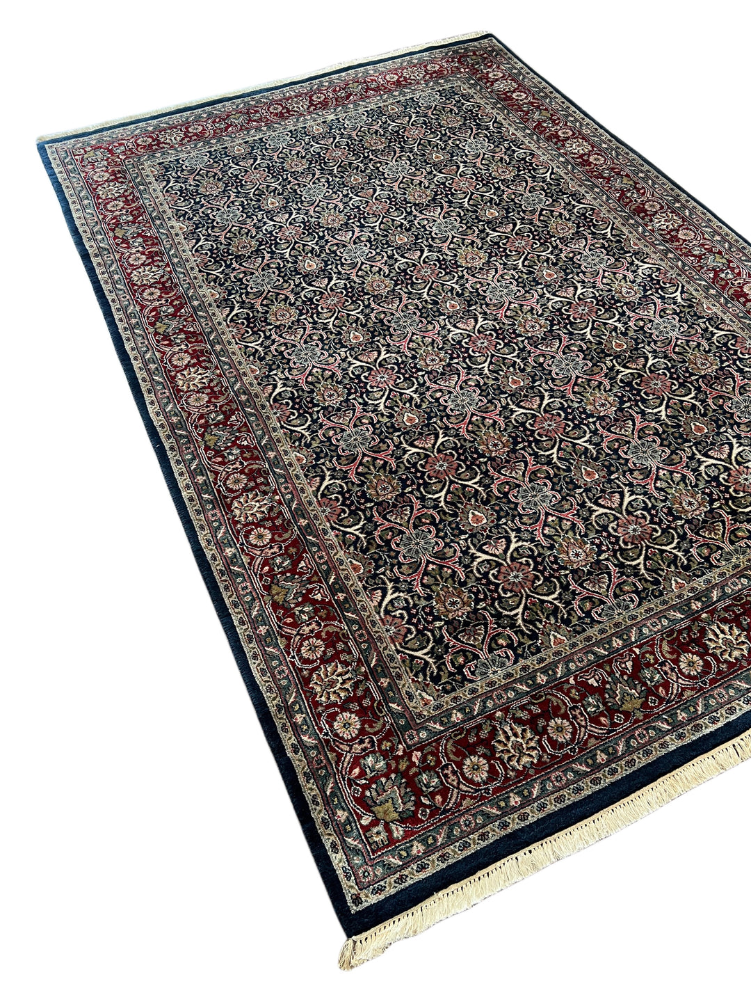 Midnight Royal Garden – Navy Blue &amp; Ruby Red Traditional Floral Rug – 6’1” x 8’10”