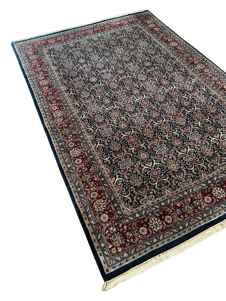 Midnight Royal Garden – Navy Blue &amp; Ruby Red Traditional Floral Rug – 6’1” x 8’10”