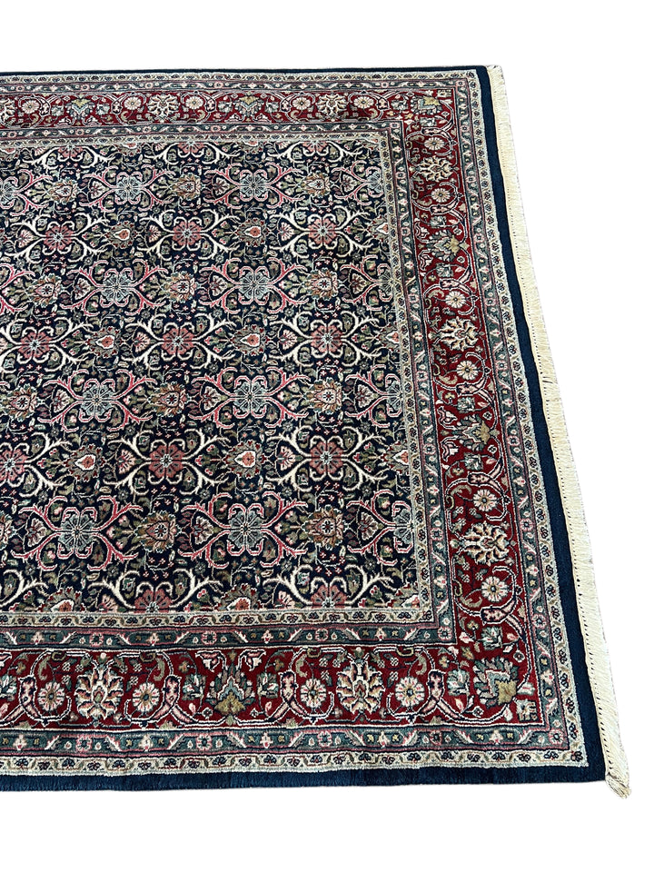 Midnight Royal Garden – Navy Blue &amp; Ruby Red Traditional Floral Rug – 6’1” x 8’10”