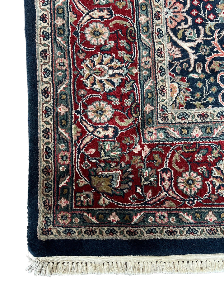 Midnight Royal Garden – Navy Blue &amp; Ruby Red Traditional Floral Rug – 6’1” x 8’10”