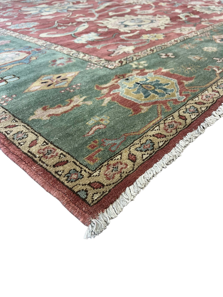 Hand-Knotted Botanical Wool Rug – Burgundy &amp; Teal Floral Design – 10’6” x 13’1”