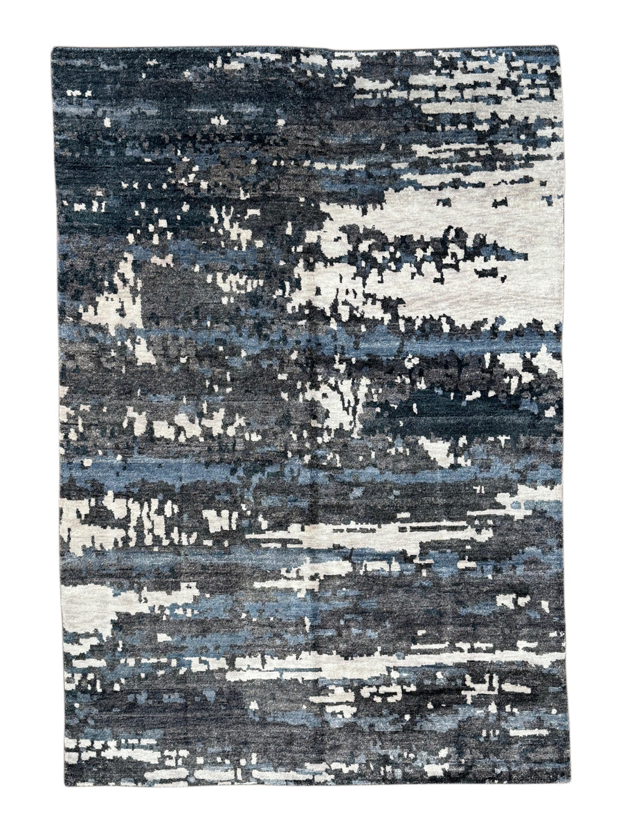 Handmade Modern Abstract Wool & Silk Area Rug – Charcoal, Blue & Ivory – 6’2” × 8’11”
