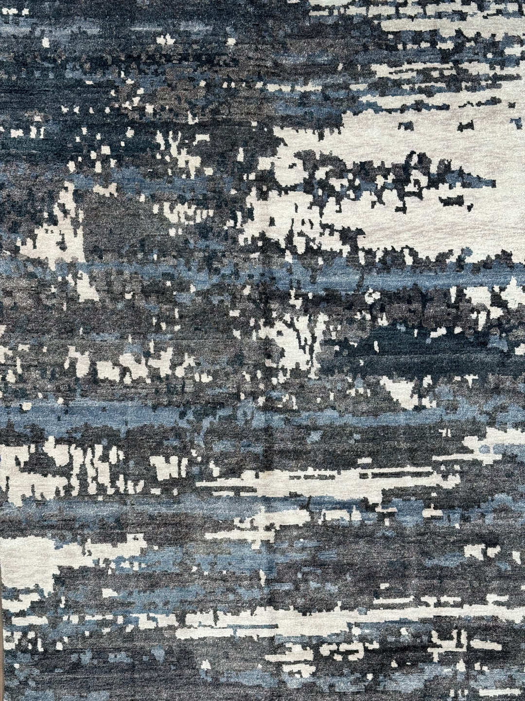 Handmade Modern Abstract Wool &amp; Silk Area Rug – Charcoal, Blue &amp; Ivory – 6’2” × 8’11”
