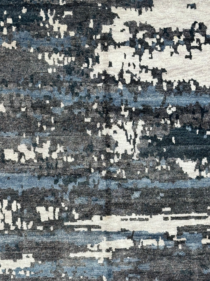 Handmade Modern Abstract Wool &amp; Silk Area Rug – Charcoal, Blue &amp; Ivory – 6’2” × 8’11”