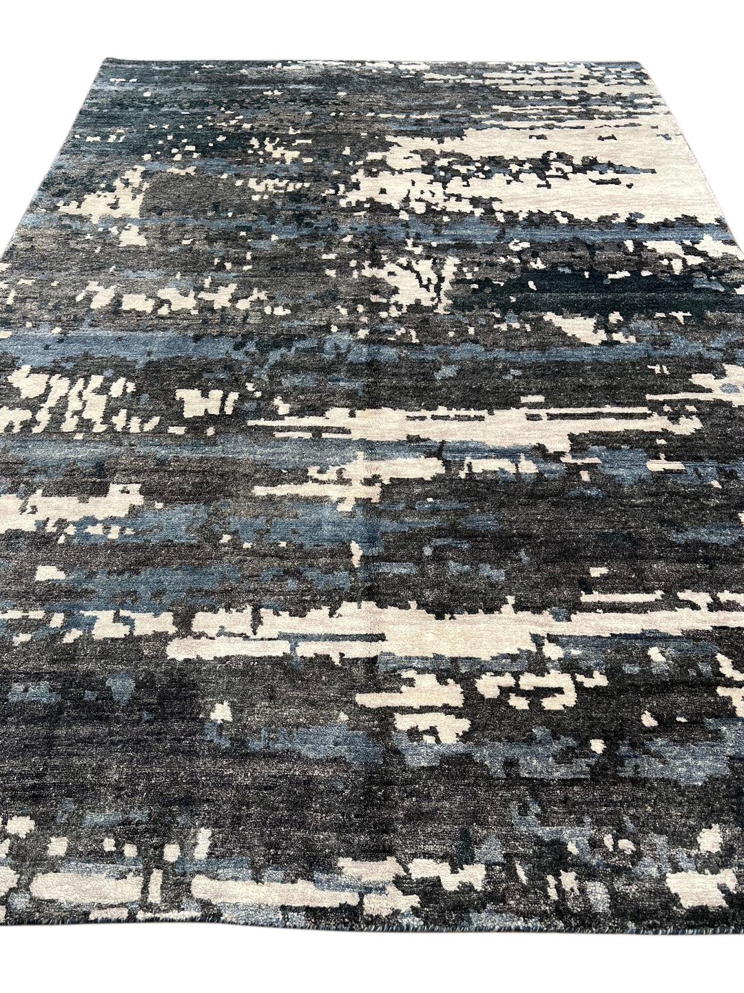 Handmade Modern Abstract Wool &amp; Silk Area Rug – Charcoal, Blue &amp; Ivory – 6’2” × 8’11”