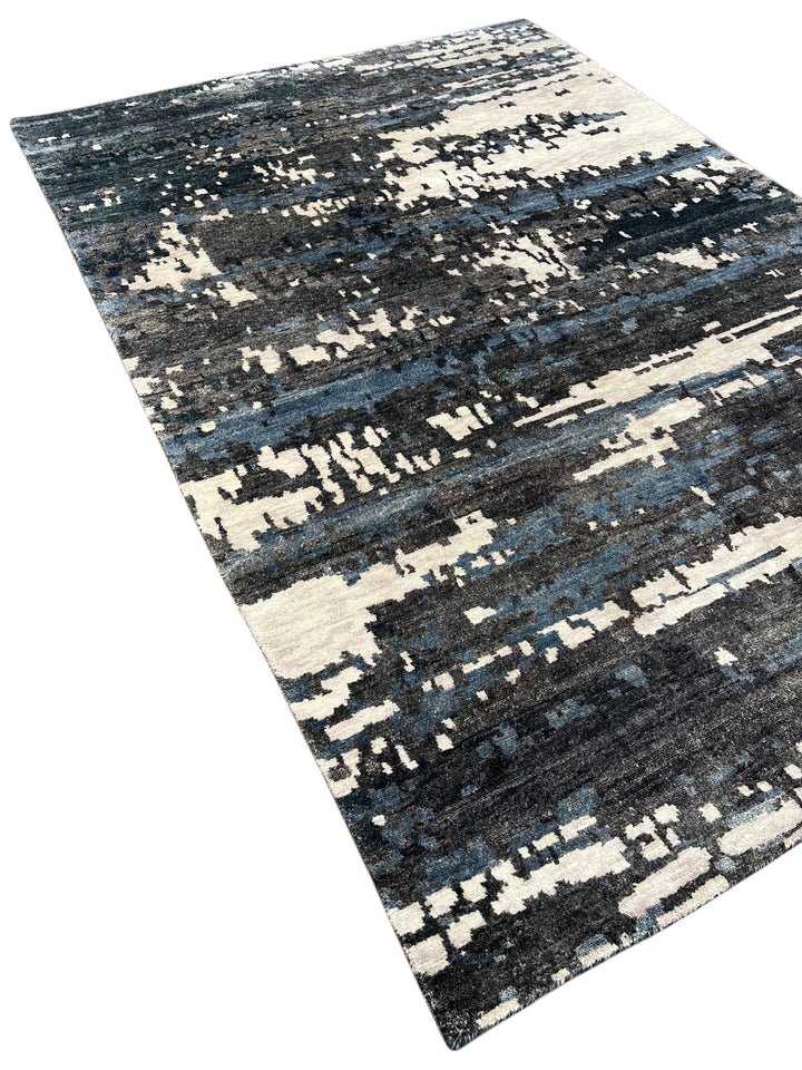 Handmade Modern Abstract Wool &amp; Silk Area Rug – Charcoal, Blue &amp; Ivory – 6’2” × 8’11”