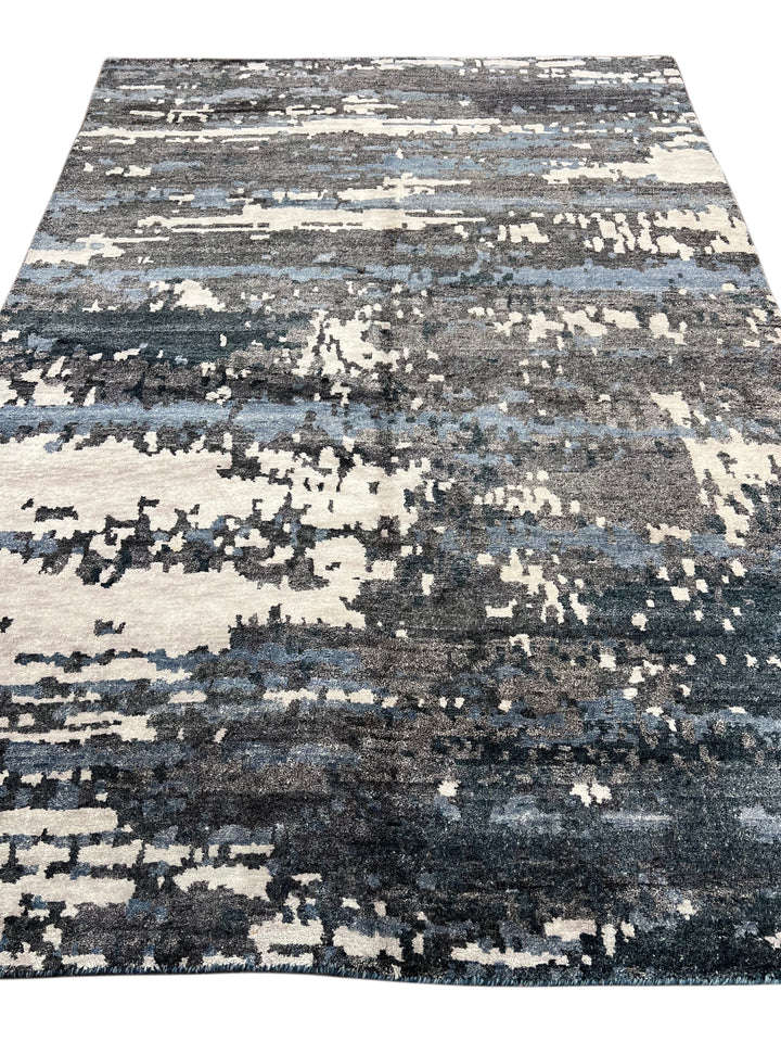 Handmade Modern Abstract Wool &amp; Silk Area Rug – Charcoal, Blue &amp; Ivory – 6’2” × 8’11”