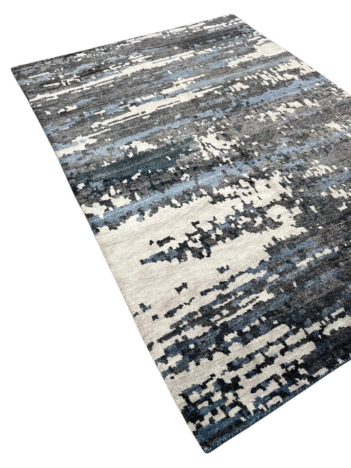 Handmade Modern Abstract Wool &amp; Silk Area Rug – Charcoal, Blue &amp; Ivory – 6’2” × 8’11”