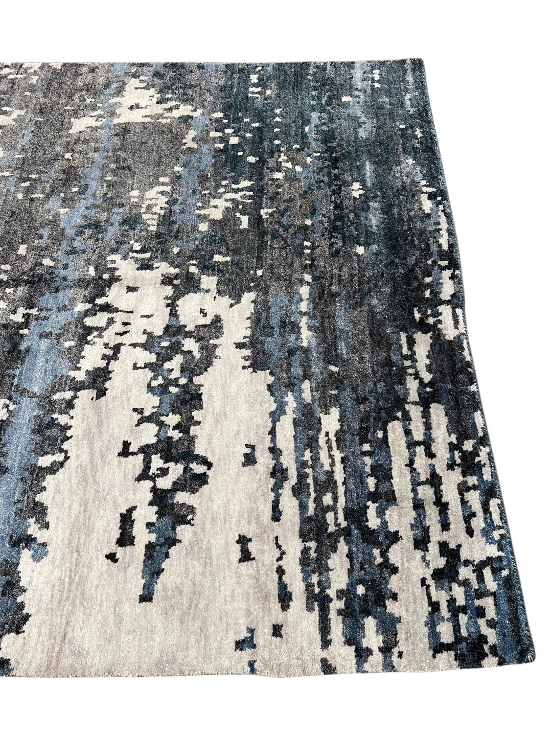 Handmade Modern Abstract Wool &amp; Silk Area Rug – Charcoal, Blue &amp; Ivory – 6’2” × 8’11”