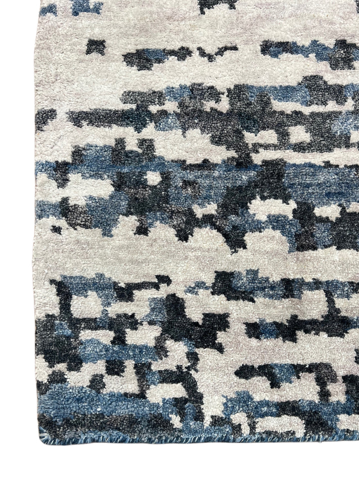 Handmade Modern Abstract Wool &amp; Silk Area Rug – Charcoal, Blue &amp; Ivory – 6’2” × 8’11”