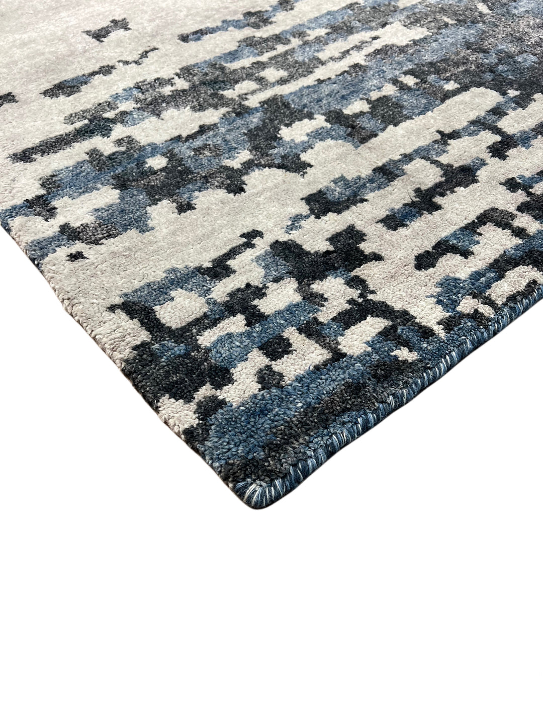 Handmade Modern Abstract Wool &amp; Silk Area Rug – Charcoal, Blue &amp; Ivory – 6’2” × 8’11”