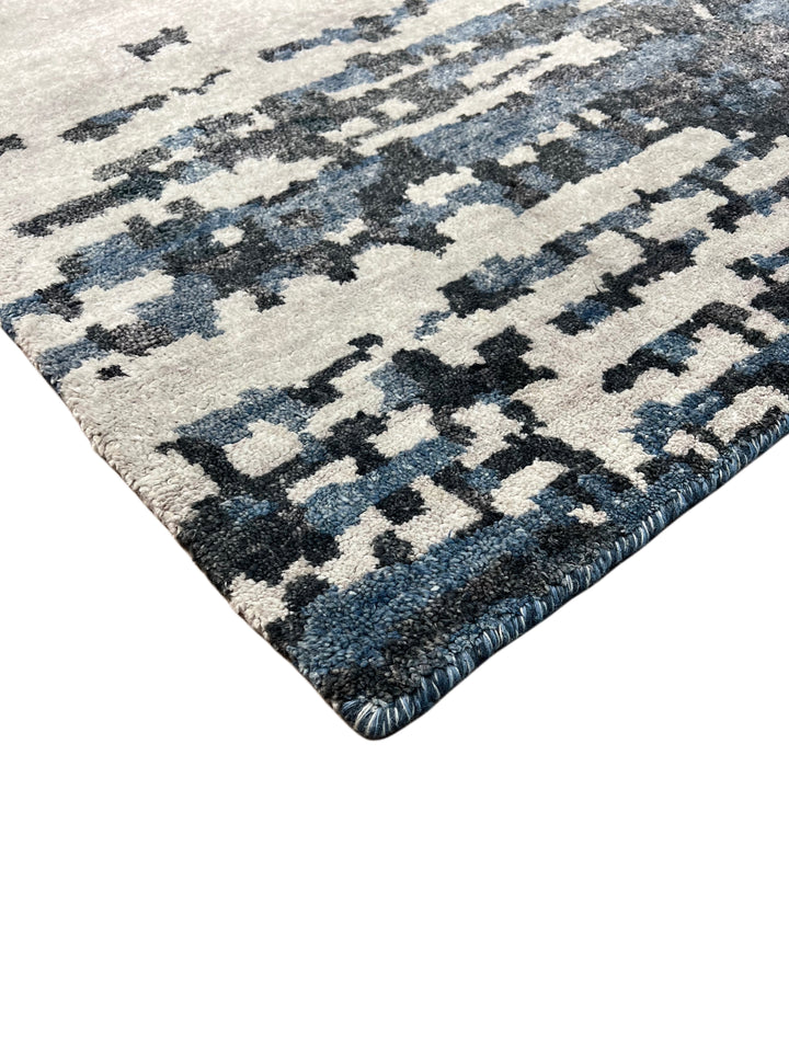 Handmade Modern Abstract Wool &amp; Silk Area Rug – Charcoal, Blue &amp; Ivory – 6’2” × 8’11”