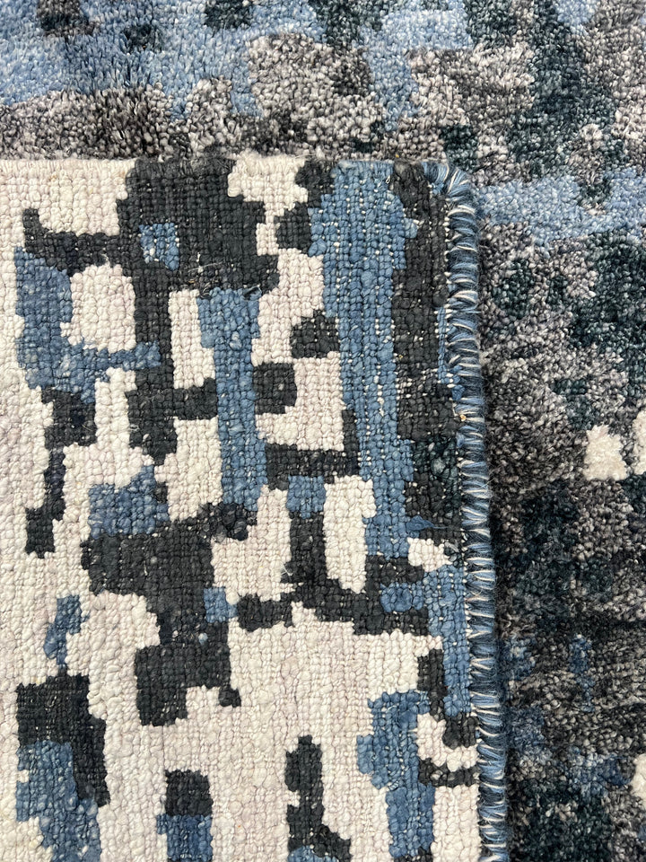 Handmade Modern Abstract Wool &amp; Silk Area Rug – Charcoal, Blue &amp; Ivory – 6’2” × 8’11”