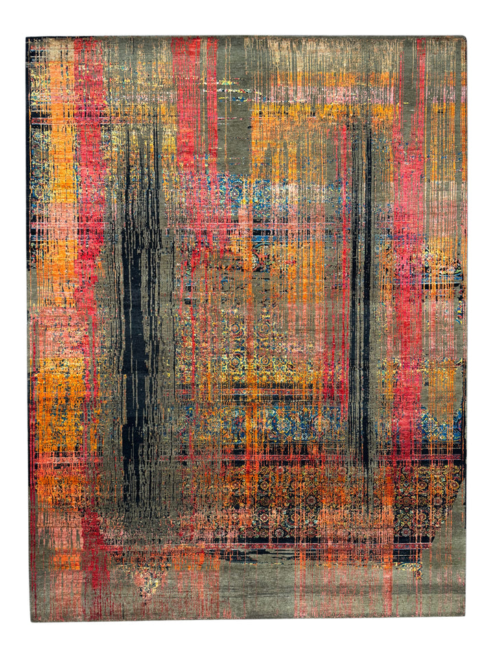 Chromatic Pulse – Contemporary Abstract Rug in Charcoal Grey, Red, Orange &amp; Gold | 9’1” × 12’1”