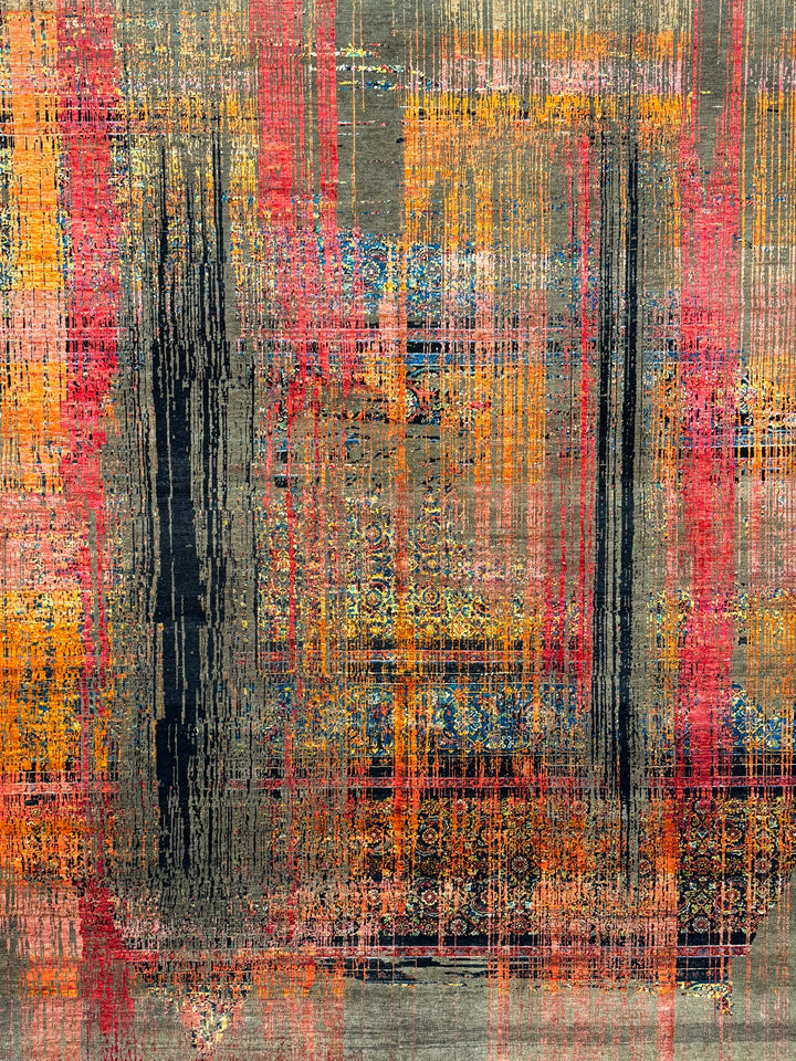 Chromatic Pulse – Contemporary Abstract Rug in Charcoal Grey, Red, Orange &amp; Gold | 9’1” × 12’1”