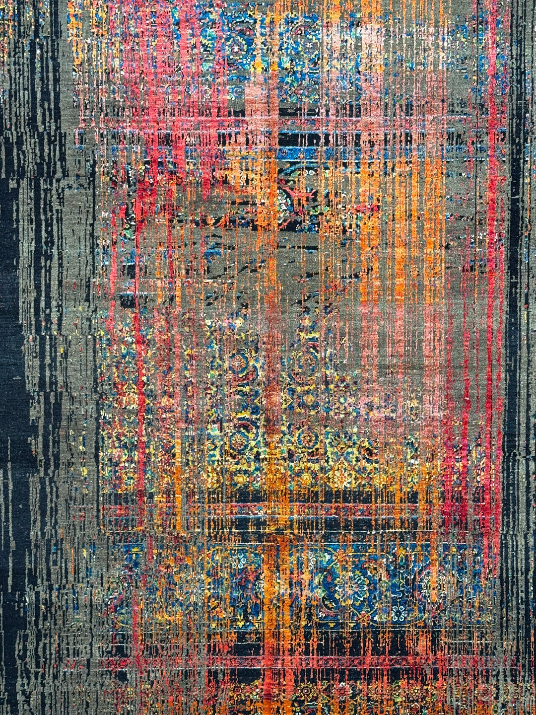 Chromatic Pulse – Contemporary Abstract Rug in Charcoal Grey, Red, Orange &amp; Gold | 9’1” × 12’1”